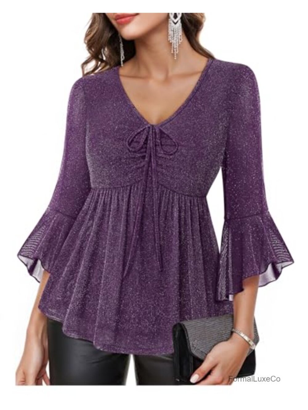 Womens Dressy Blouse 3/4 Ruffle Sleeve Sparkly Mesh Flowy Peplum Tunic Top